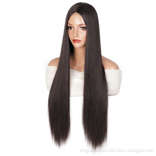 Aodale 30 Inches Middle Part Long Straight Black Hair Synthetic Hair Wigs For Black Women Heat Resistant Fiber Lace Wigs